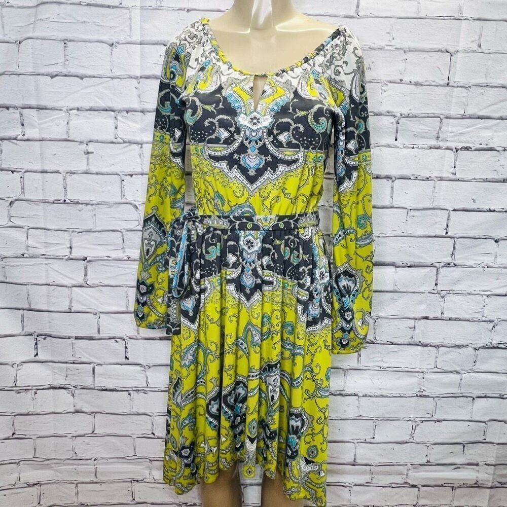 Yoana Baraschi Womens  Yellow Blue Paisley Print Keyhole Belted Dress Size Small